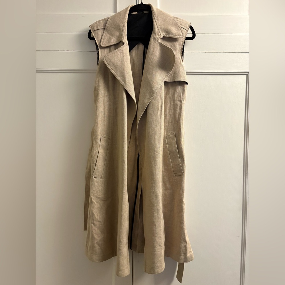 Theory Linen Sleeveless Long Trench Vest in Beige